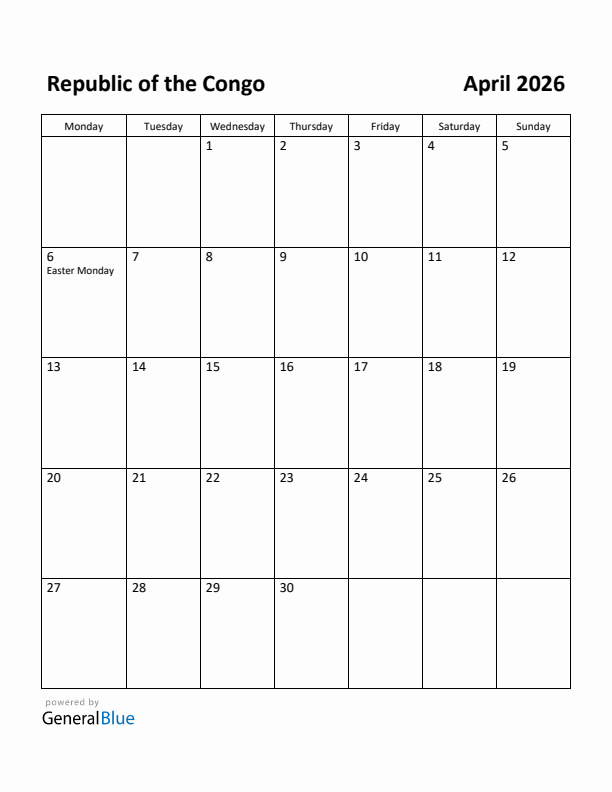 April 2026 Calendar with Republic of the Congo Holidays