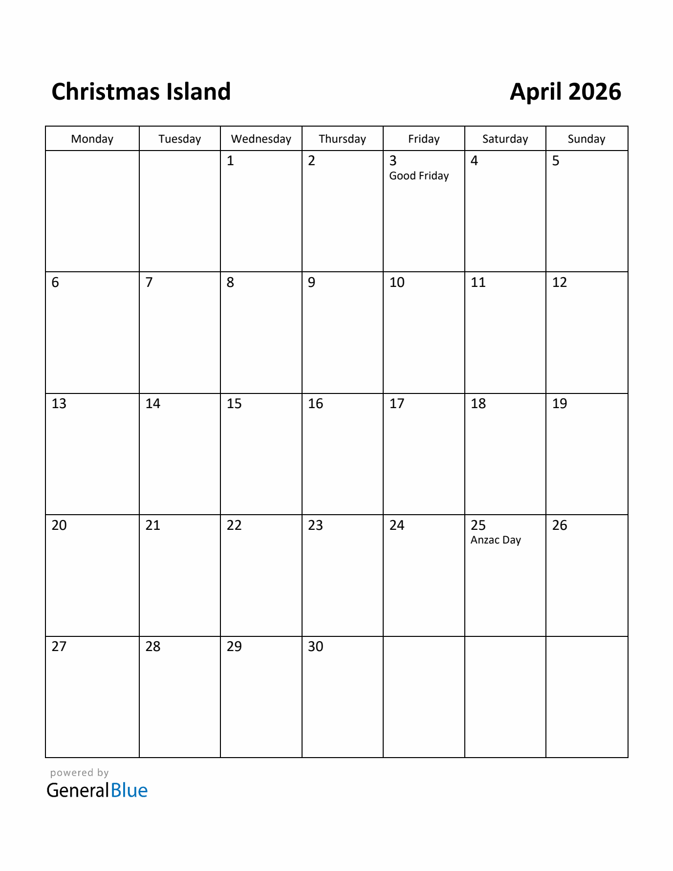 April 2026 Calendar with Christmas Island Holidays