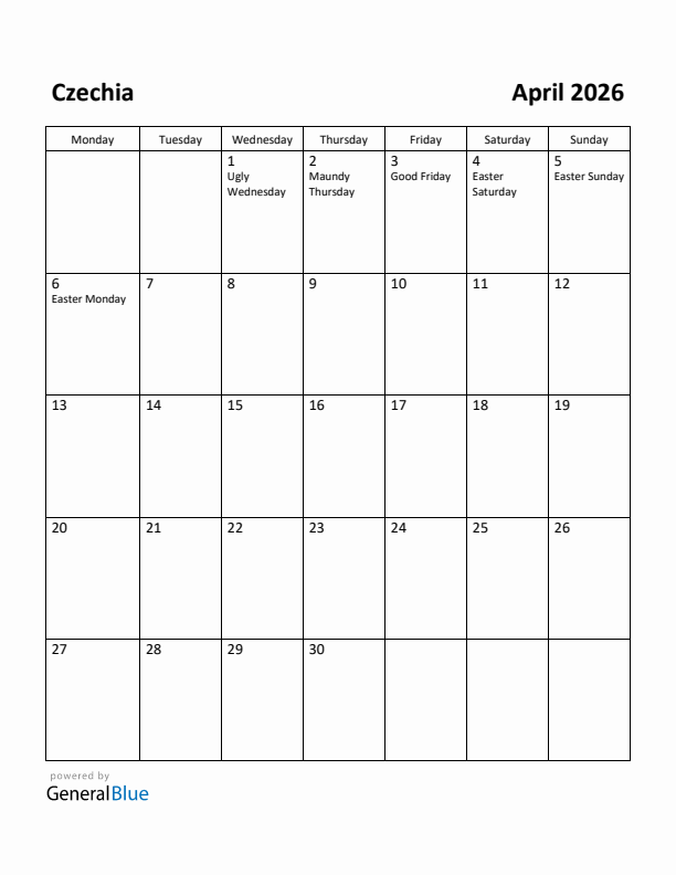 April 2026 Calendar with Czechia Holidays