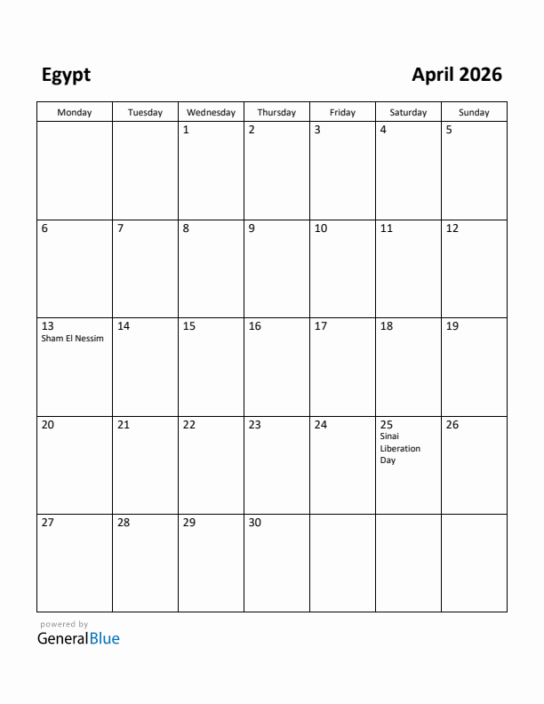 April 2026 Calendar with Egypt Holidays