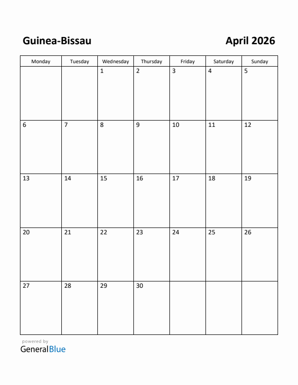 April 2026 Calendar with Guinea-Bissau Holidays