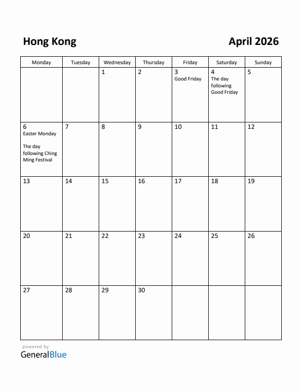 April 2026 Calendar with Hong Kong Holidays