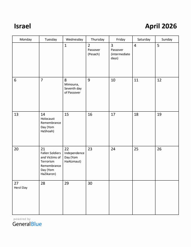 April 2026 Calendar with Israel Holidays