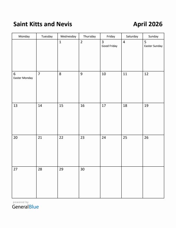 April 2026 Calendar with Saint Kitts and Nevis Holidays