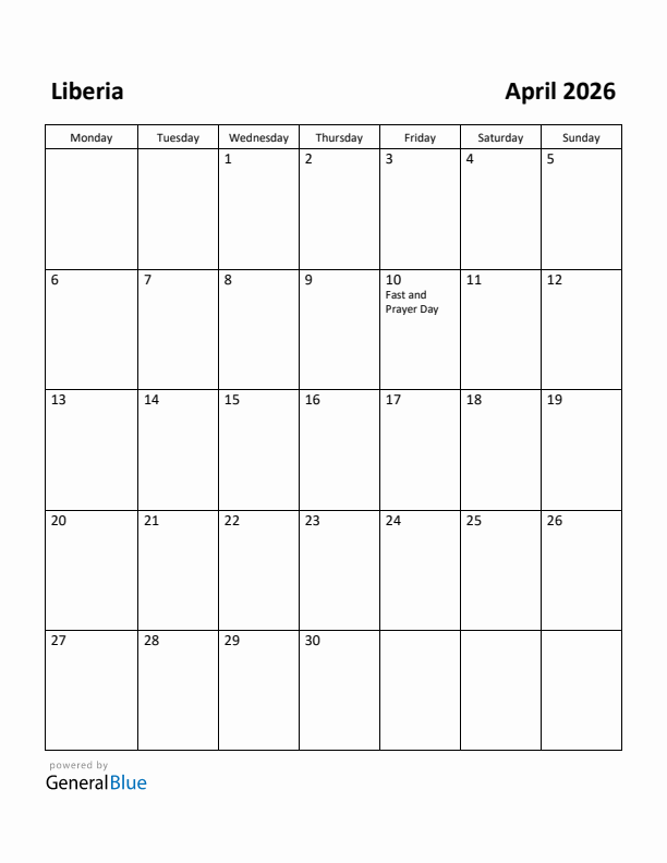 April 2026 Calendar with Liberia Holidays