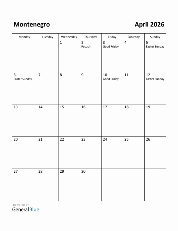 April 2026 Calendar with Montenegro Holidays