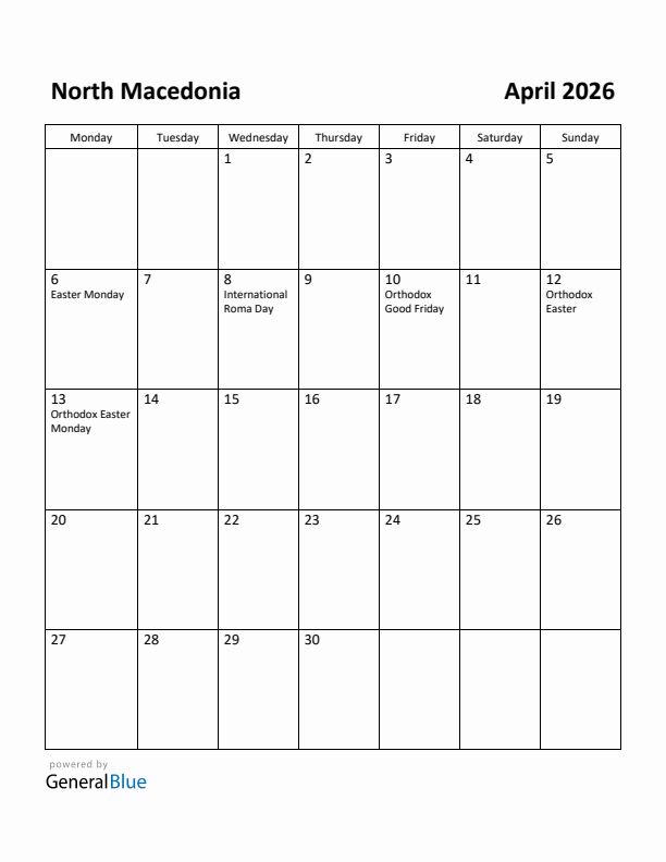 April 2026 Calendar with North Macedonia Holidays