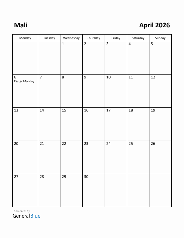 April 2026 Calendar with Mali Holidays