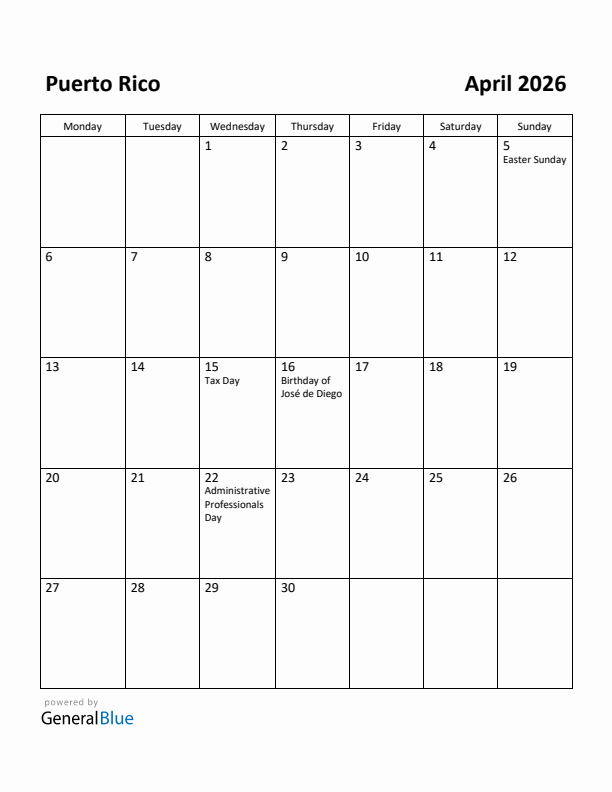 April 2026 Calendar with Puerto Rico Holidays