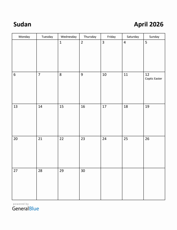 April 2026 Calendar with Sudan Holidays
