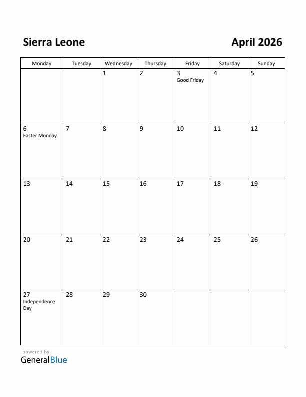 April 2026 Calendar with Sierra Leone Holidays