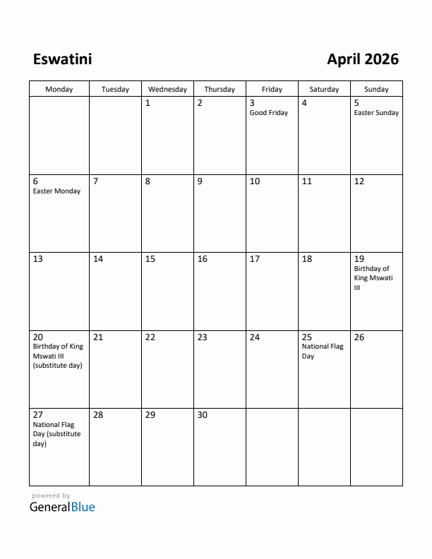 April 2026 Calendar with Eswatini Holidays