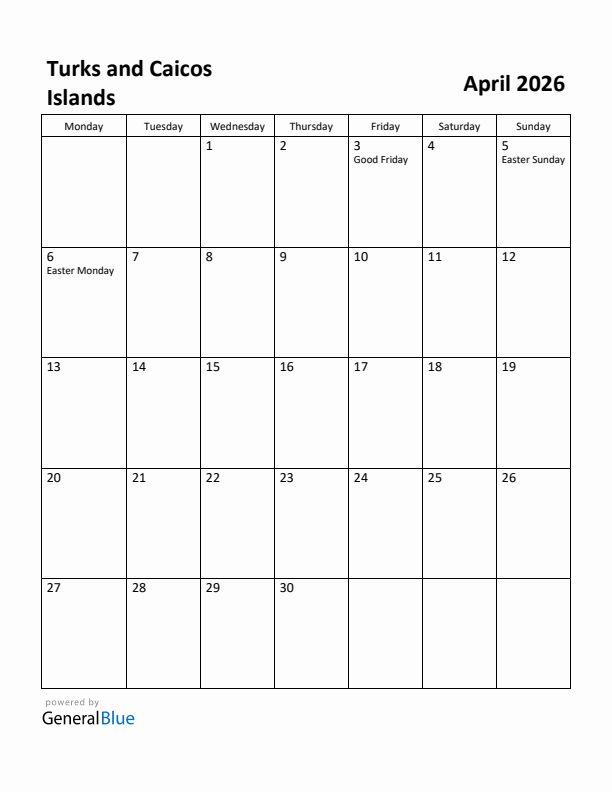 April 2026 Calendar with Turks and Caicos Islands Holidays
