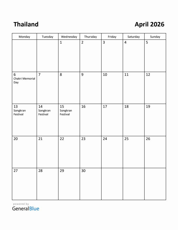 April 2026 Calendar with Thailand Holidays