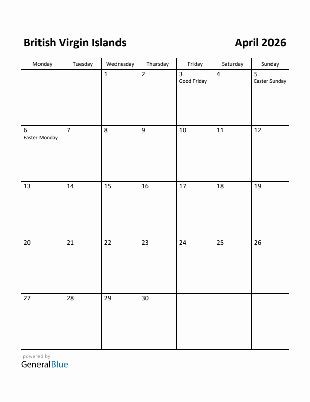 April 2026 Calendar with British Virgin Islands Holidays