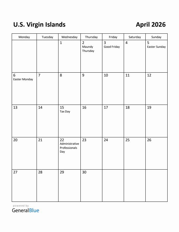 April 2026 Calendar with U.S. Virgin Islands Holidays
