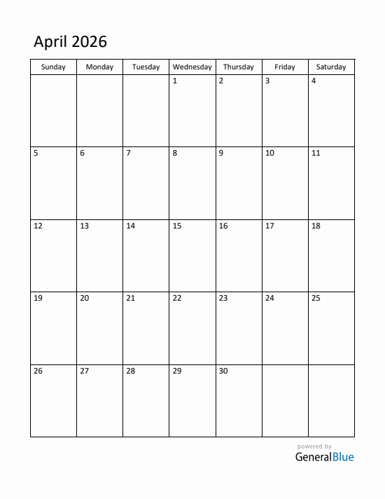 Current month calendar April 2026