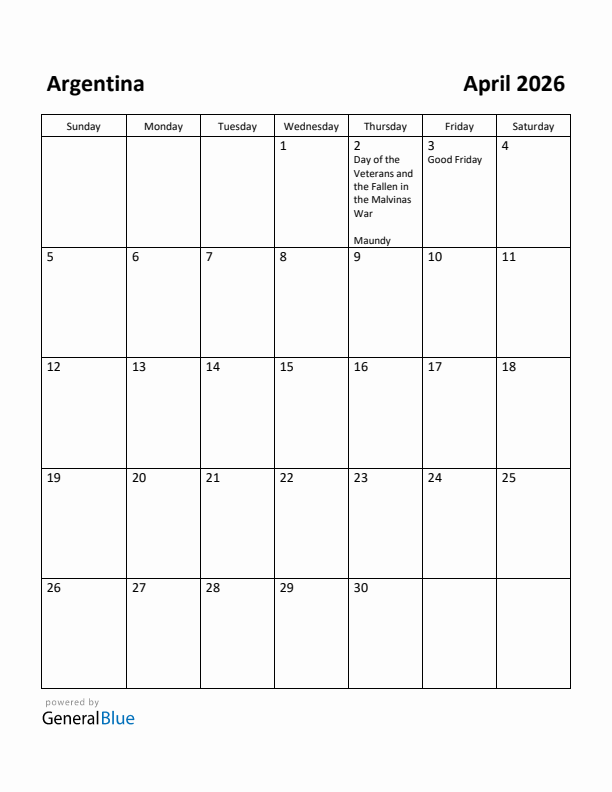 April 2026 Calendar with Argentina Holidays