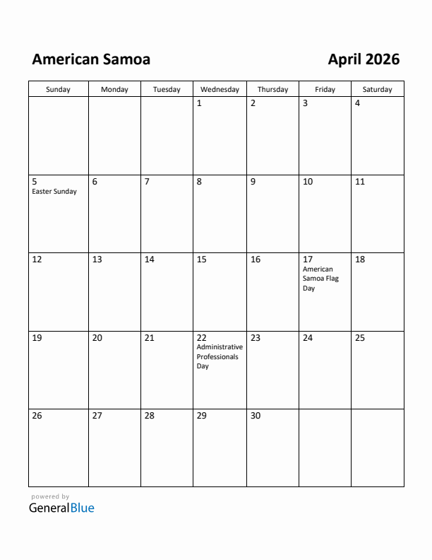 April 2026 Calendar with American Samoa Holidays