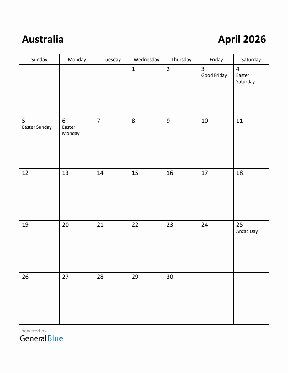 Free Printable April 2026 Calendar for Australia