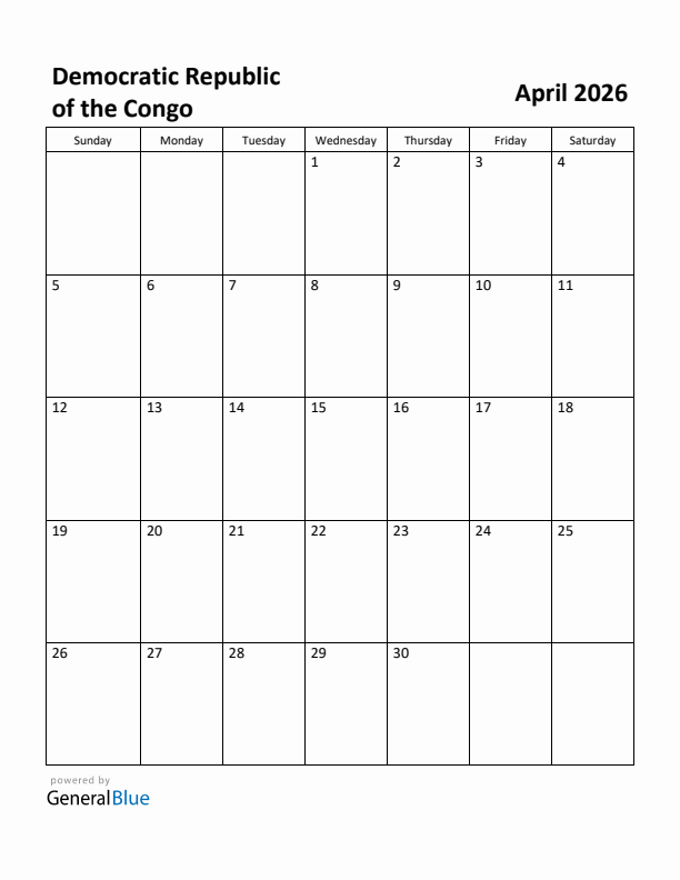April 2026 Calendar with Democratic Republic of the Congo Holidays