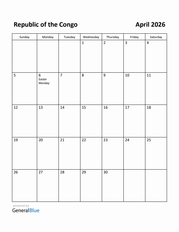 April 2026 Calendar with Republic of the Congo Holidays