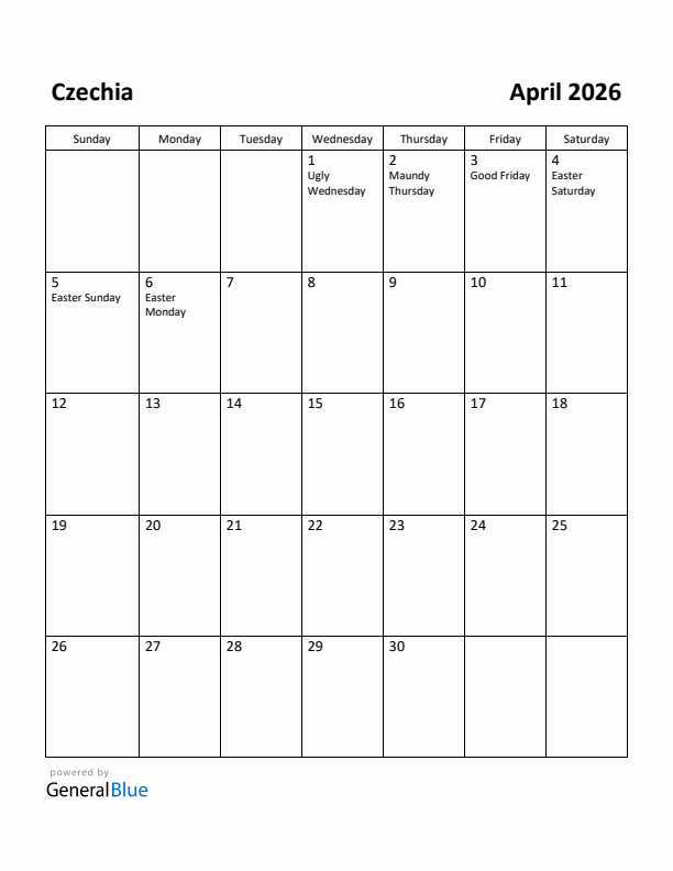 April 2026 Calendar with Czechia Holidays