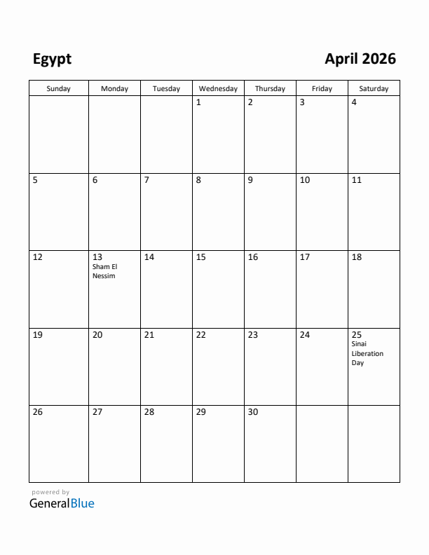 April 2026 Calendar with Egypt Holidays