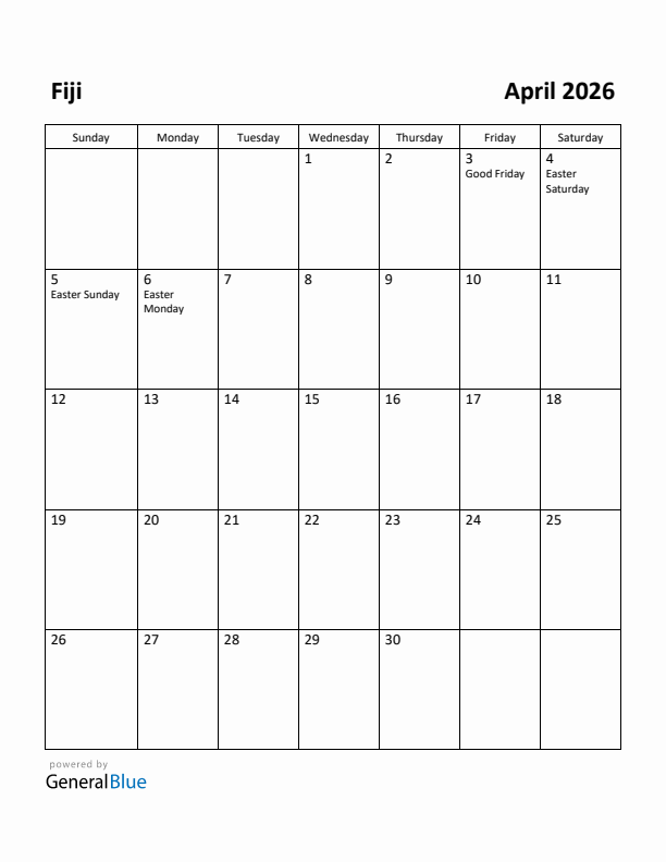 April 2026 Calendar with Fiji Holidays