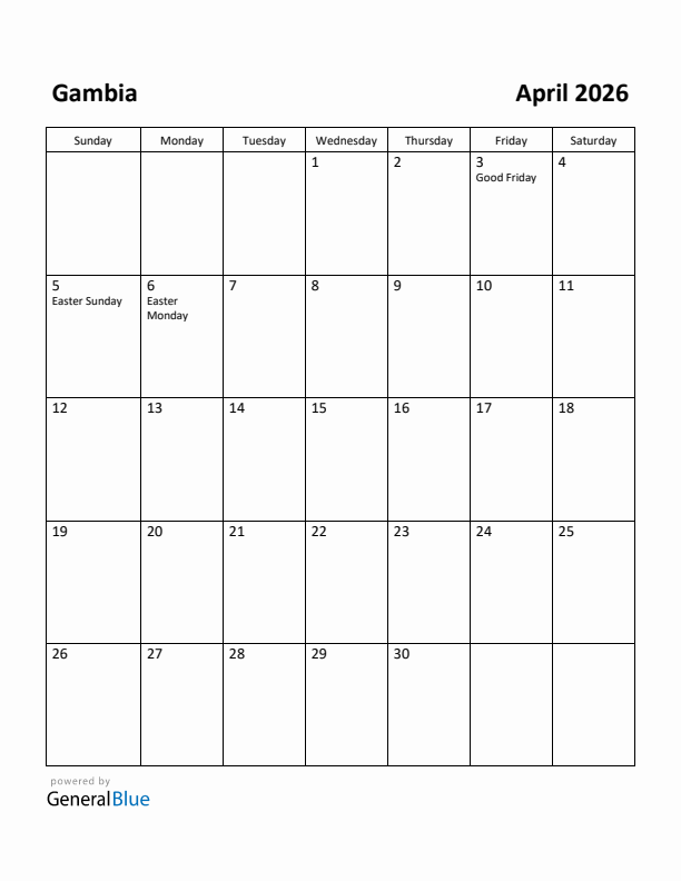 April 2026 Calendar with Gambia Holidays