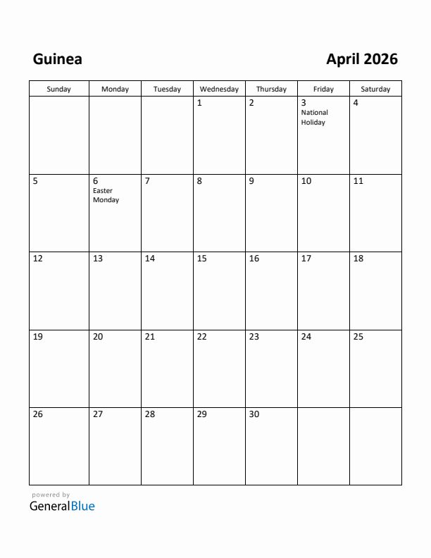 April 2026 Calendar with Guinea Holidays