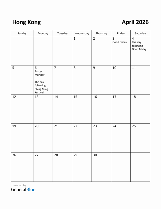 April 2026 Calendar with Hong Kong Holidays