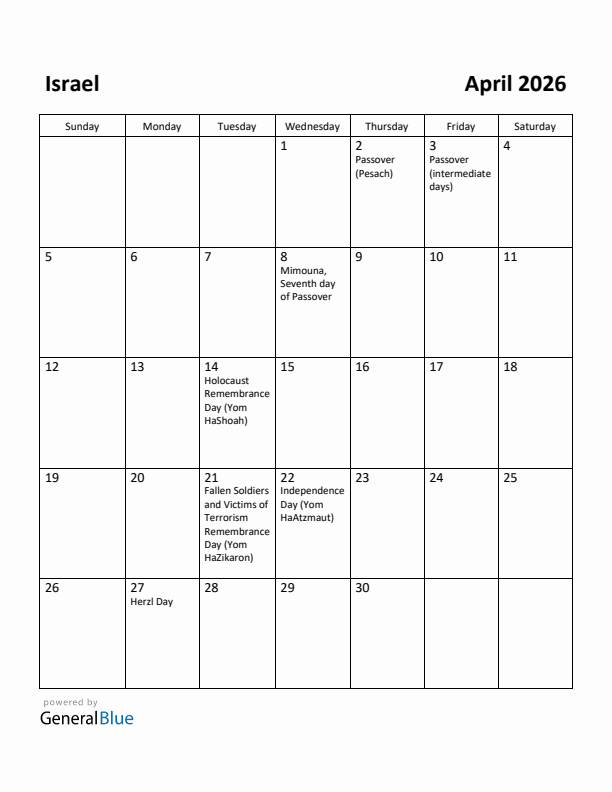 April 2026 Calendar with Israel Holidays