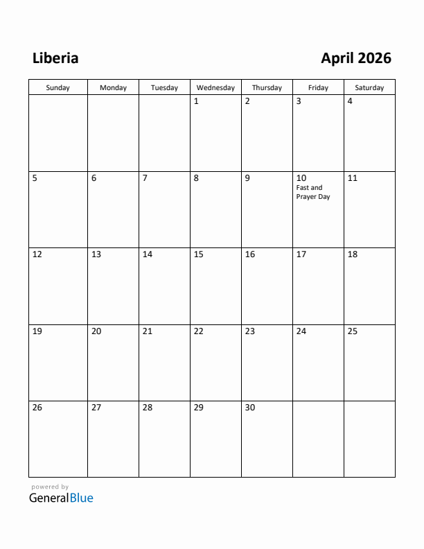April 2026 Calendar with Liberia Holidays