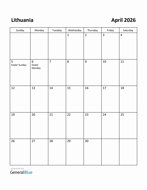 April 2026 Calendar with Lithuania Holidays