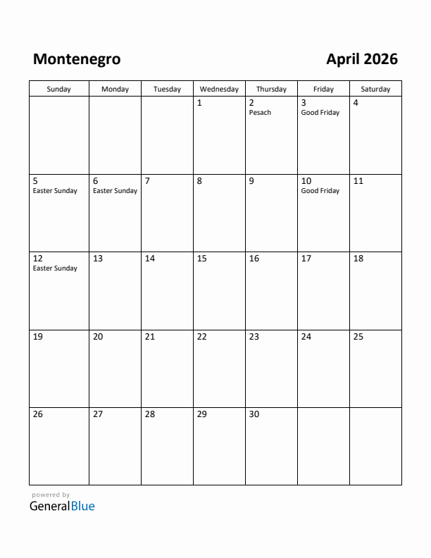 April 2026 Calendar with Montenegro Holidays