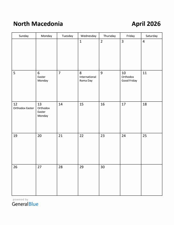 April 2026 Calendar with North Macedonia Holidays