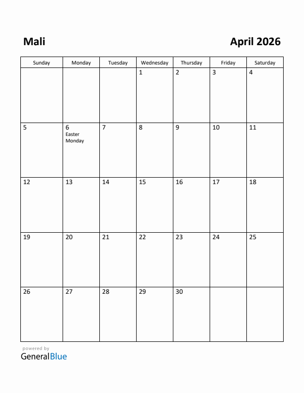 April 2026 Calendar with Mali Holidays