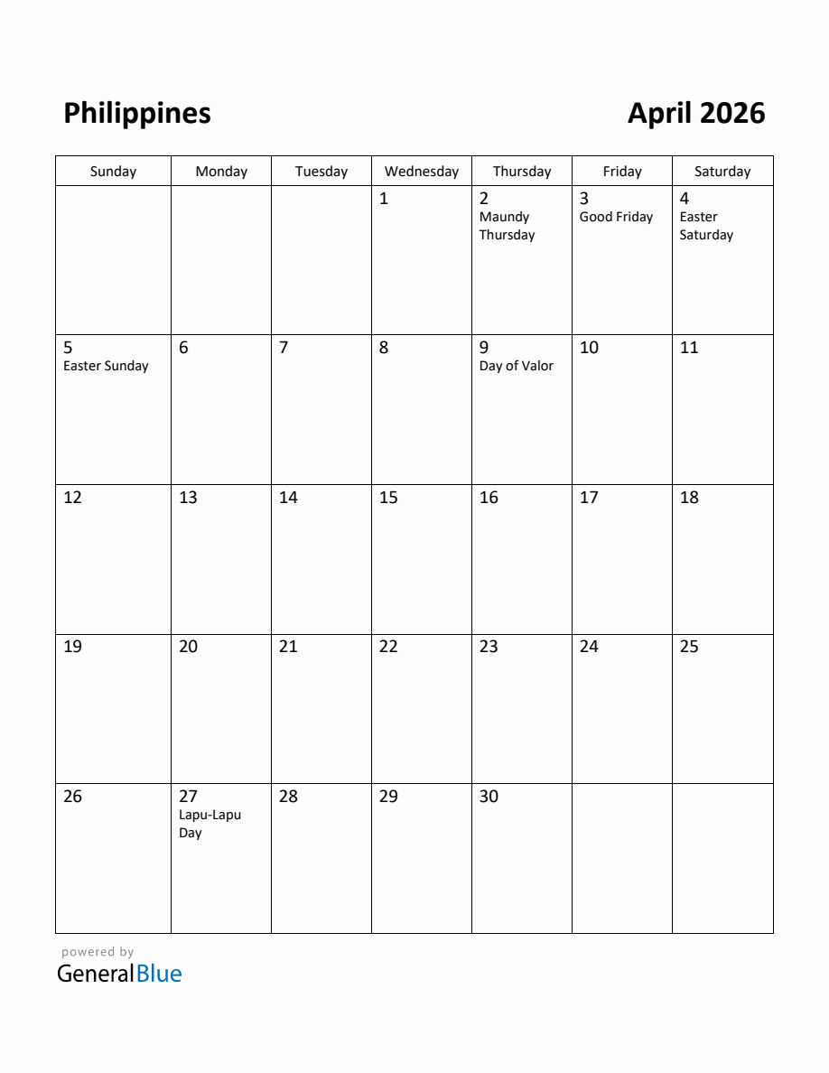 Free Printable April 2026 Calendar for Philippines Free Printable April 2026 Calendar for Philippines