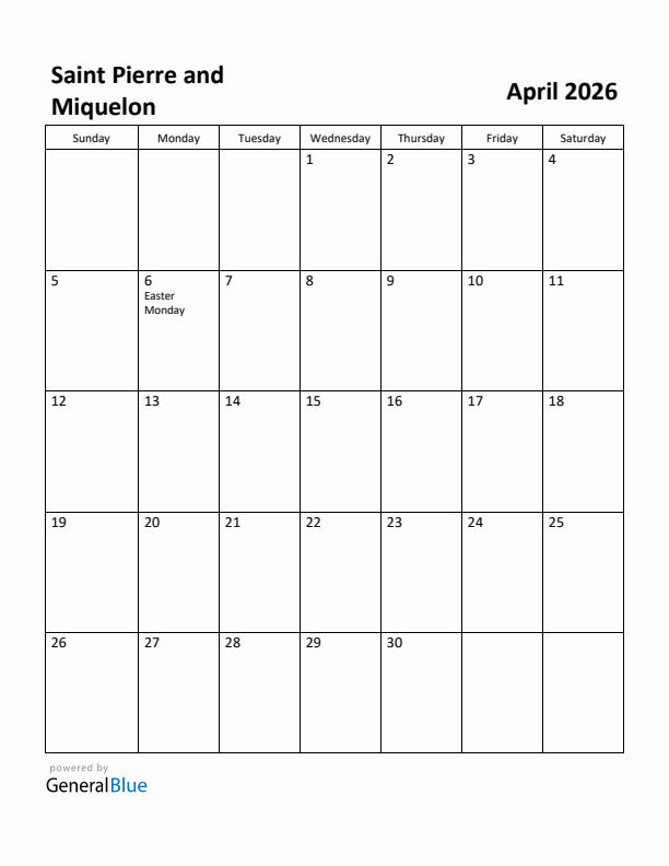 April 2026 Calendar with Saint Pierre and Miquelon Holidays