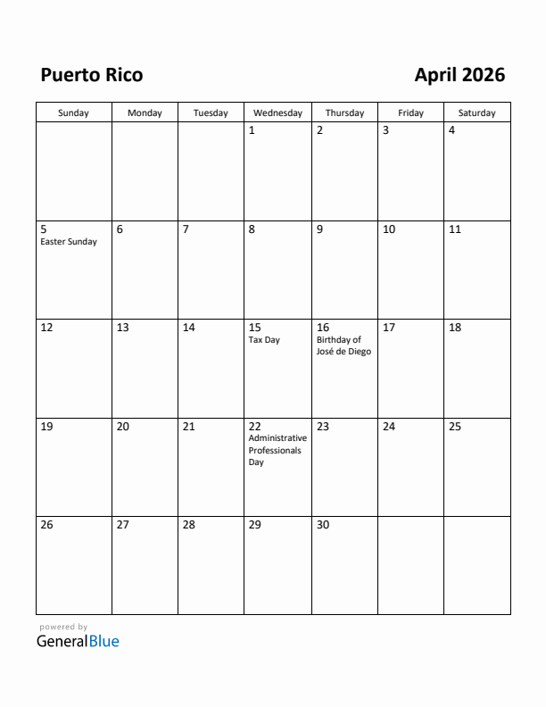 April 2026 Calendar with Puerto Rico Holidays