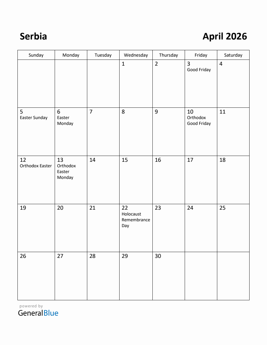 Free Printable April 2026 Calendar for Serbia