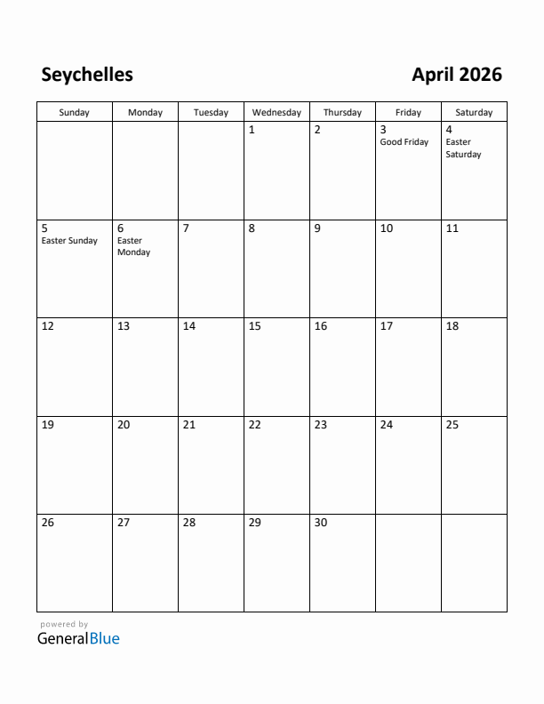 April 2026 Calendar with Seychelles Holidays