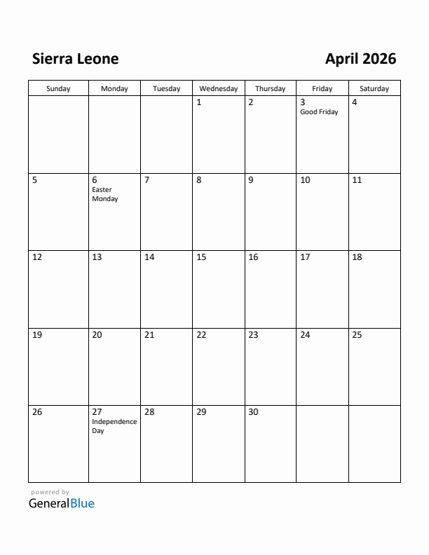 April 2026 Calendar with Sierra Leone Holidays