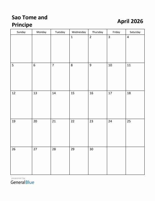 April 2026 Calendar with Sao Tome and Principe Holidays