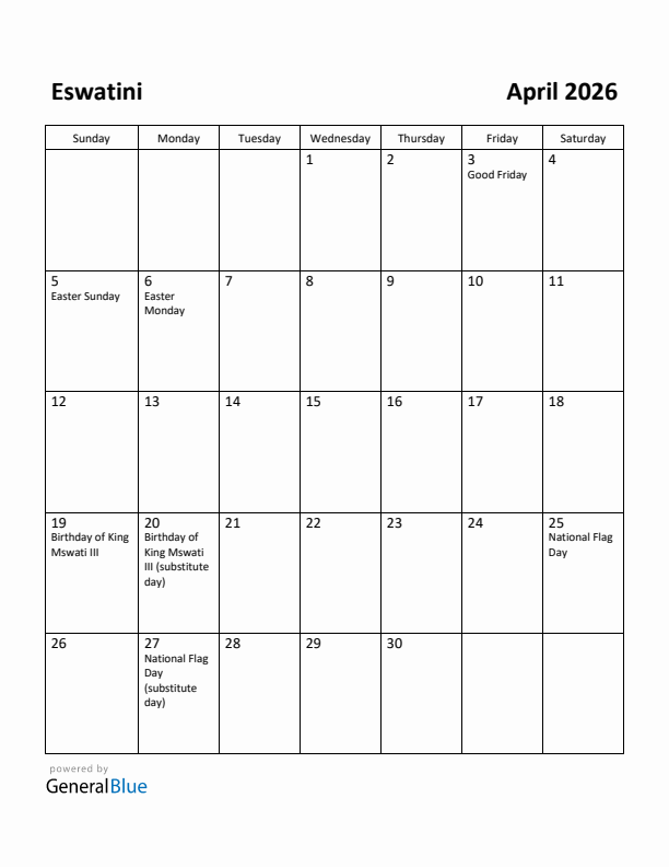 April 2026 Calendar with Eswatini Holidays
