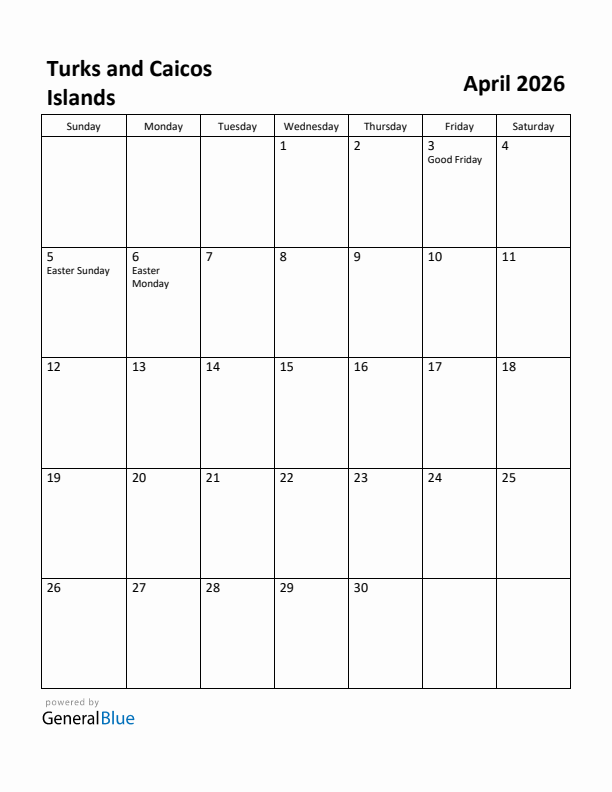 April 2026 Calendar with Turks and Caicos Islands Holidays