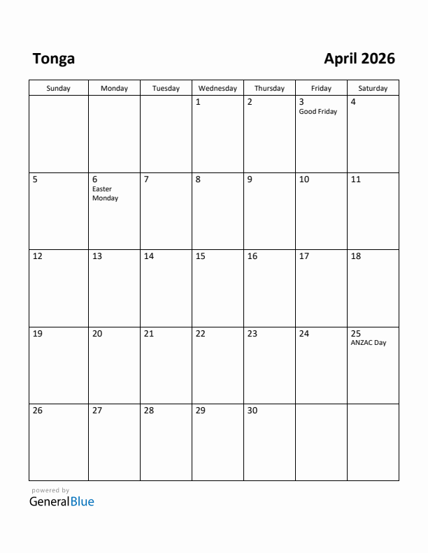 April 2026 Calendar with Tonga Holidays