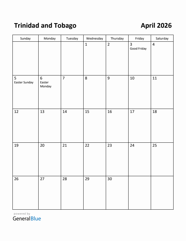 April 2026 Calendar with Trinidad and Tobago Holidays