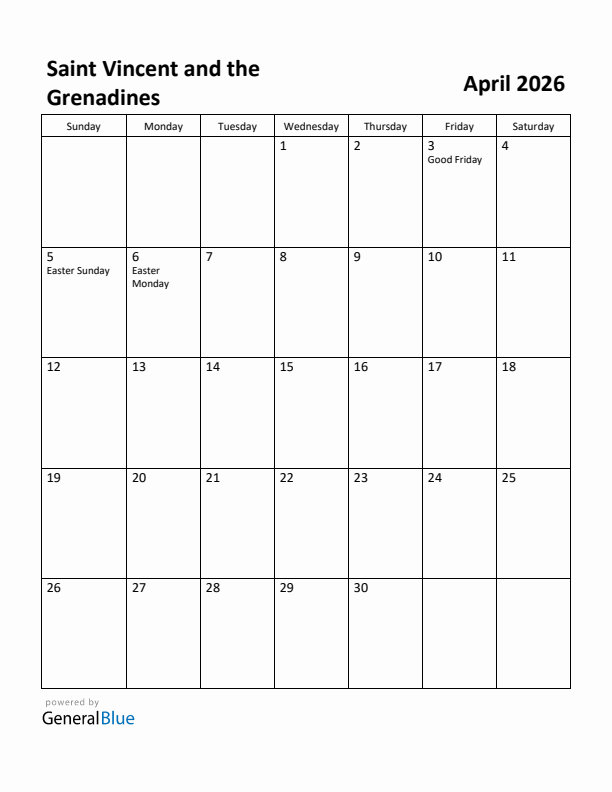 April 2026 Calendar with Saint Vincent and the Grenadines Holidays